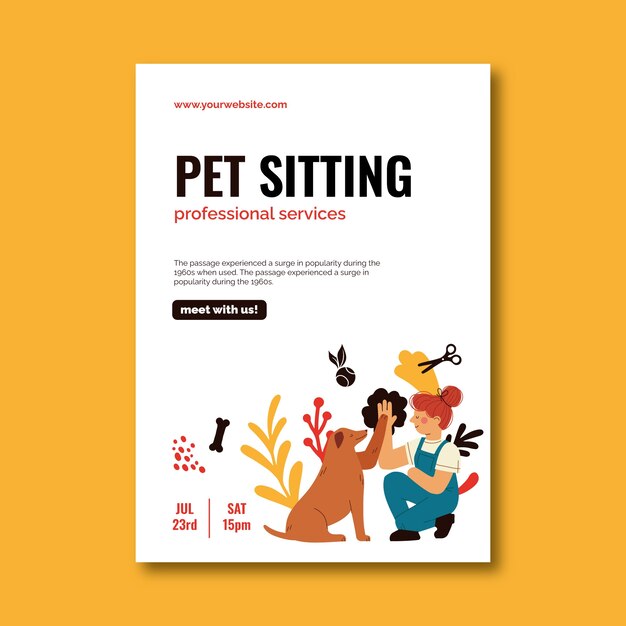 손으로 그린 애완 동물 앉아 포스터 템플릿
