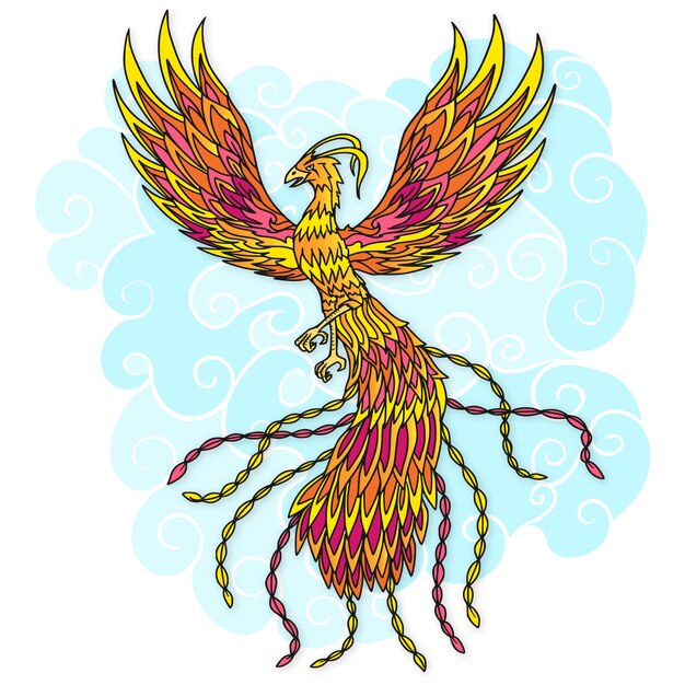 Hand drawn phoenix bird and clouds