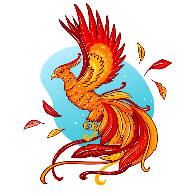 hand drawn phoenix bird and feathers