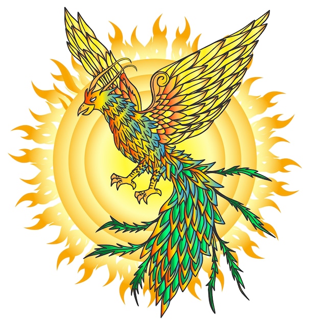 Hand drawn phoenix bird and flaming sun