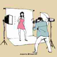 Free vector hand drawn photographer and model illustration