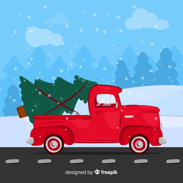 Hand drawn pickup truck with christmas tree