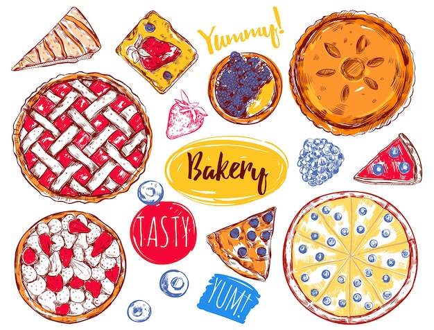 Hand drawn pie slice cake elements set