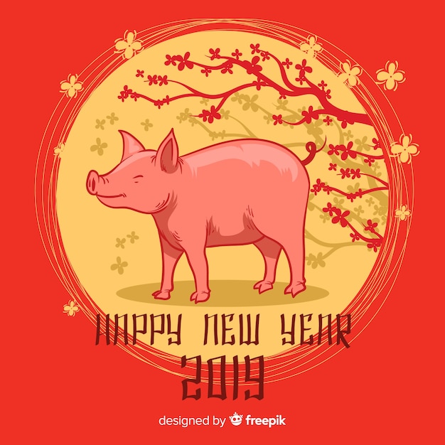 Free vector hand drawn pig chinese new year background