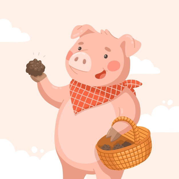 Free vector hand drawn pig holding truffle illustration