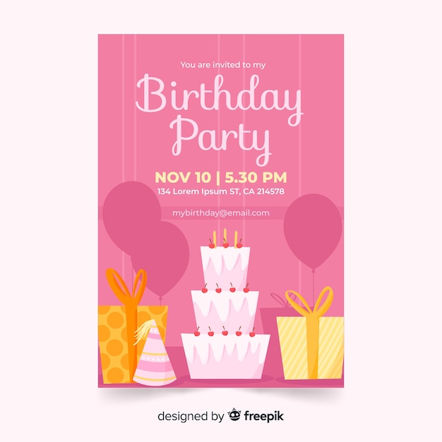 Free vector hand drawn pink birthday invitation template