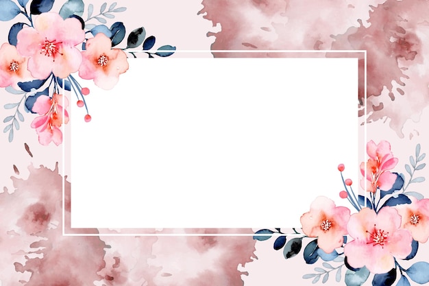 Hand drawn pink blue floral frame with watercolor