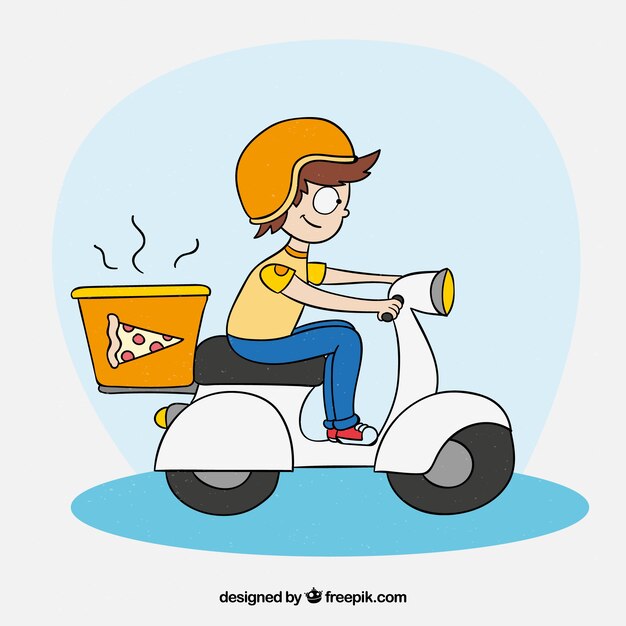 Hand drawn pizza delivery man with scooter