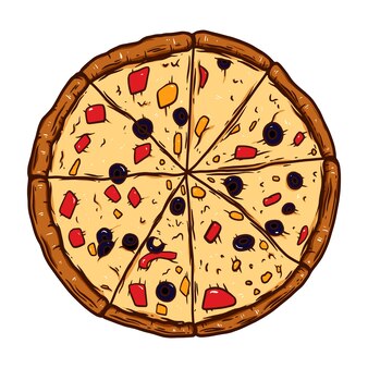 Рисованной иллюстрации пиццы. элемент дизайна для плаката, эмблемы, знака, логотипа, этикетки. векторная иллюстрация