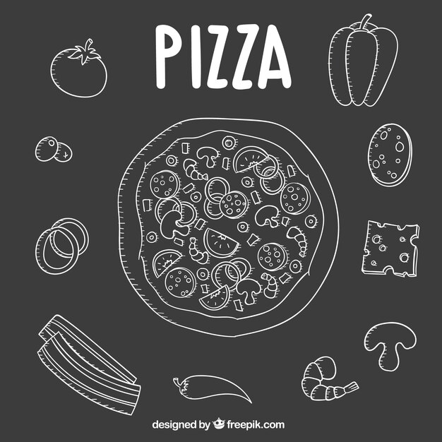 Hand-drawn of pizza with ingredients