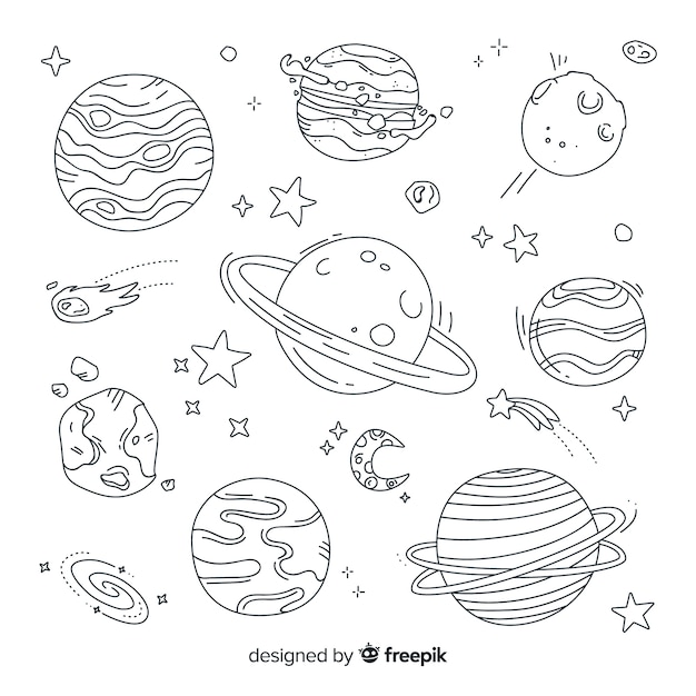 Hand drawn planet collection in doodle style
