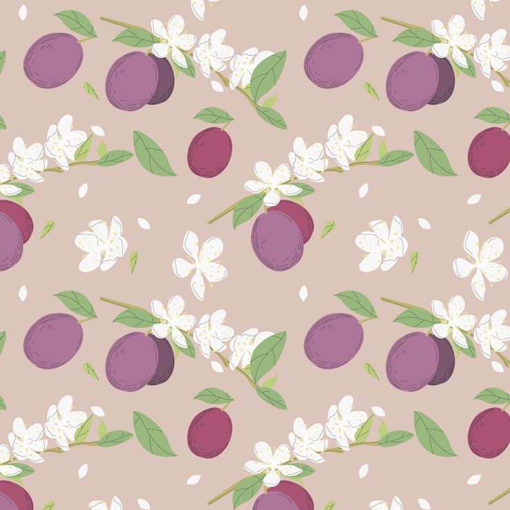 Free Vector hand drawn plum fruit and flowers pattern