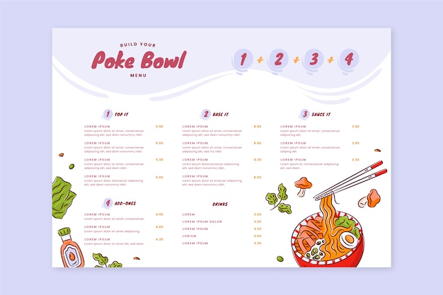 Modello di menu poke bowl disegnato a mano