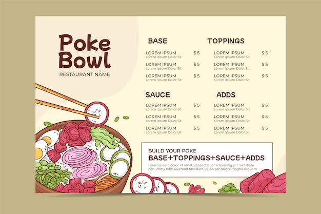 Vettore gratuito modello di menu poke disegnato a mano