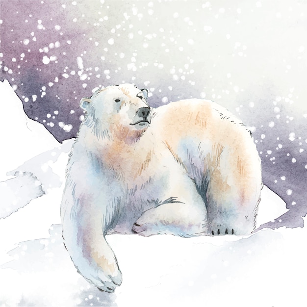 Hand-drawn polar bear in the snow watercolor style vector