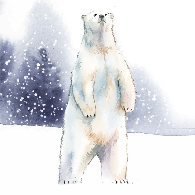 Hand-drawn polar bear in the snow watercolor style vector