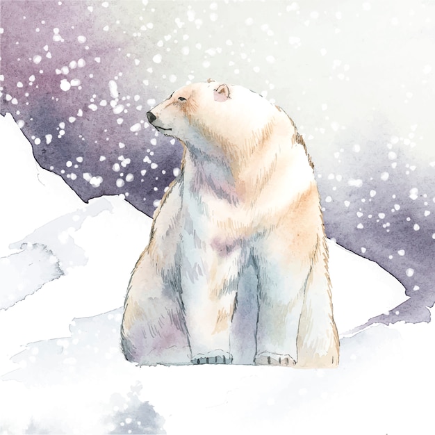 Free vector hand-drawn polar bear in the snow watercolor style vector