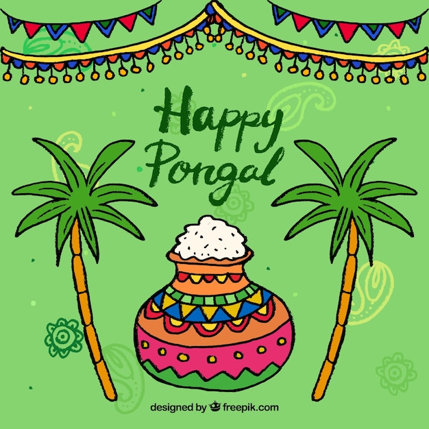 Sfondo pongal disegnata a mano con vaso colorato