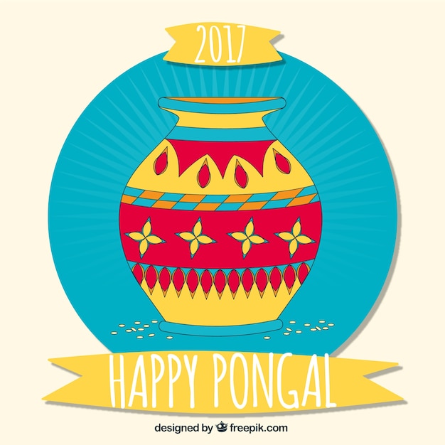 무료 벡터 화려한 냄비와 손으로 그린 pongal 배경