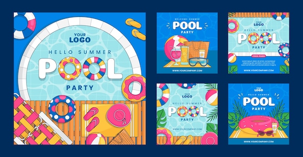 Hand drawn pool party instagram posts