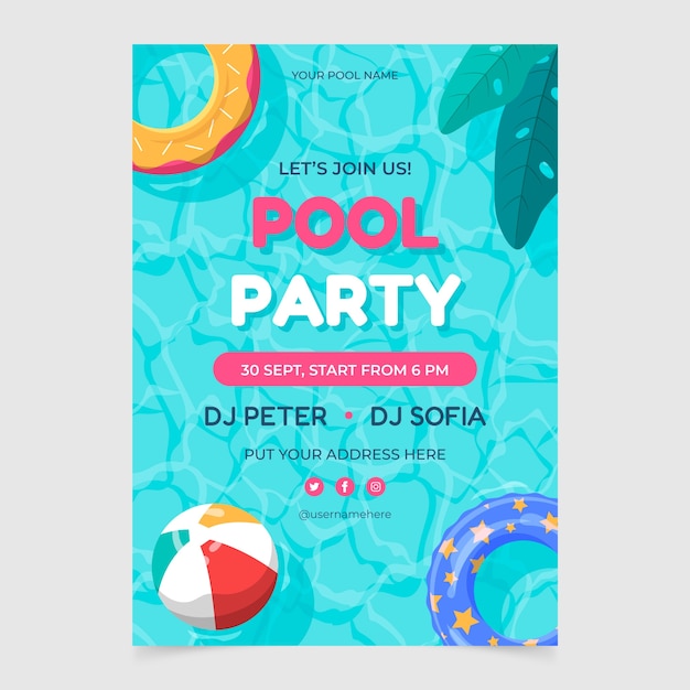 Modello di invito alla festa in piscina disegnato a mano