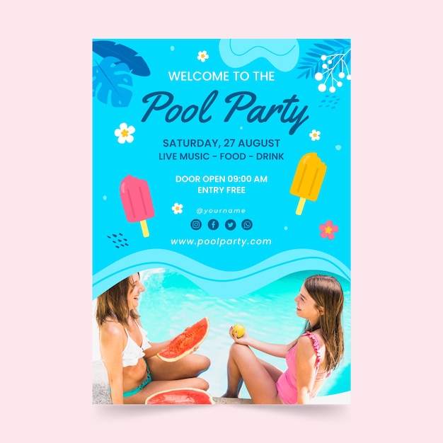 Vettore gratuito modello di invito alla festa in piscina disegnato a mano