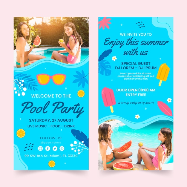 Hand drawn pool party vertical banner template