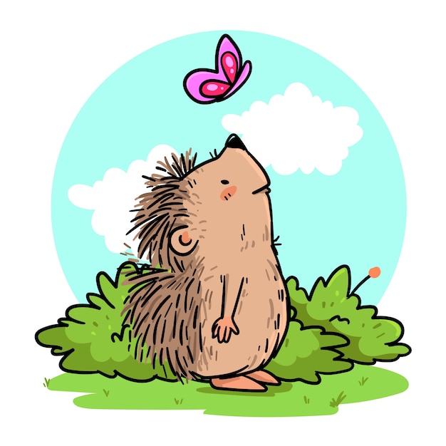 Hand drawn porcupine cartoon illustration