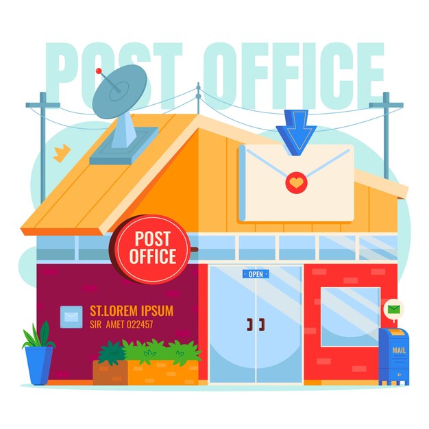 Иллюстрация карикатуры почтового отделения, нарисованная вручную