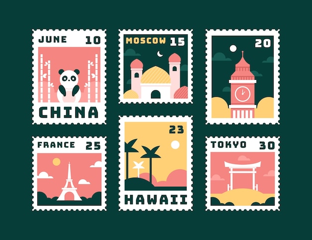 Бесплатное векторное изображение Ручной набор почтовых марок