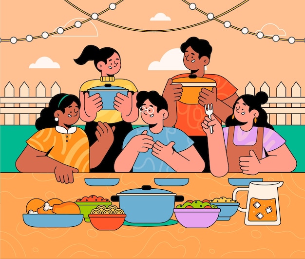 무료 벡터 손으로 그린 potluck 그림