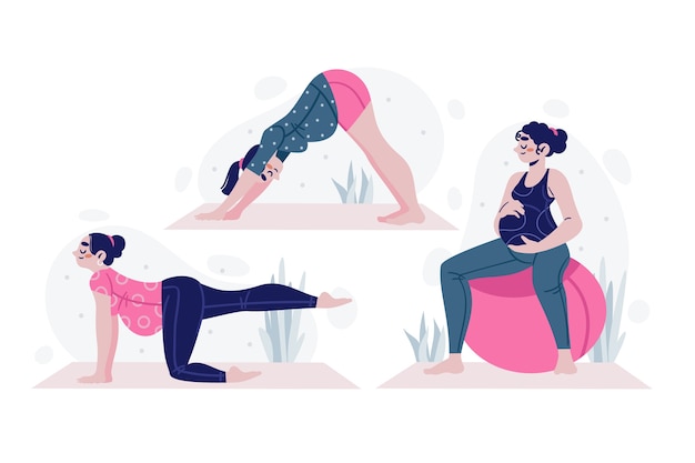 Hand drawn pregnant women doing yoga collection