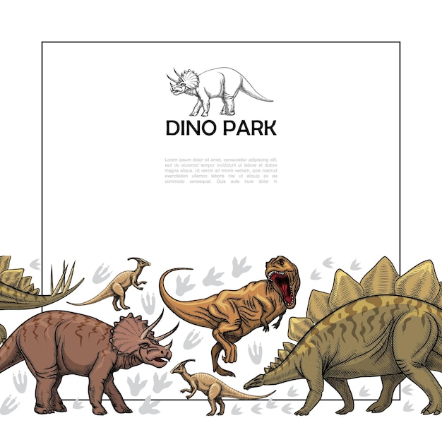 Vettore gratuito modello di rettili preistorici disegnati a mano con cornice per testo feroce t-rex parasaurolophus triceratops stegosaurus dinosauri illustrazione,