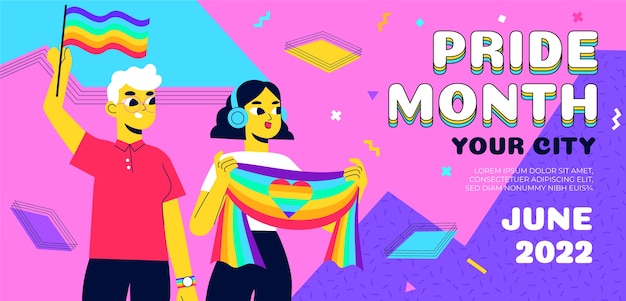 Hand drawn pride month banner with happy people