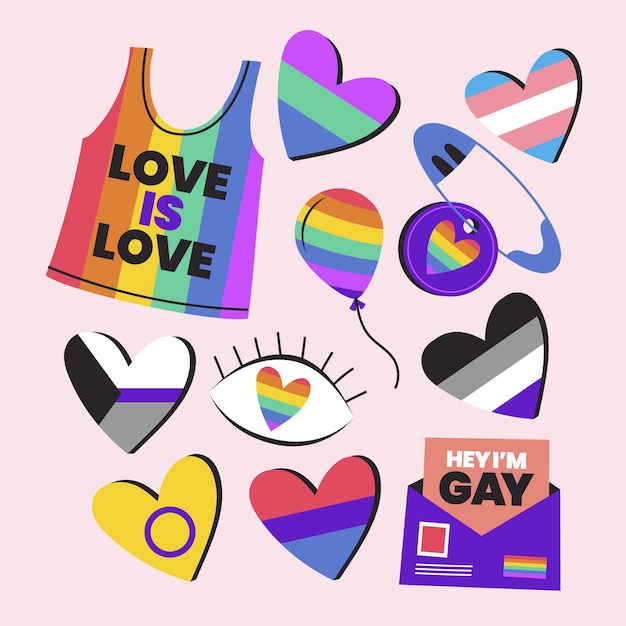 Hand drawn pride month cute element set