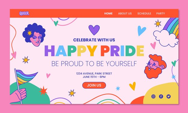 Hand drawn pride month landing page template