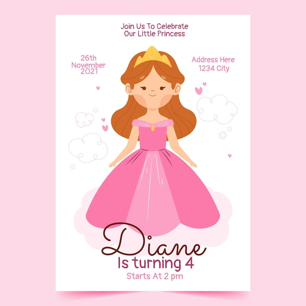 Hand drawn princess birthday invitation template