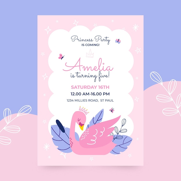 Hand drawn princess birthday invitation template