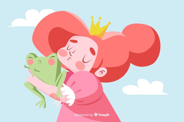 Hand drawn princess kissing a frog