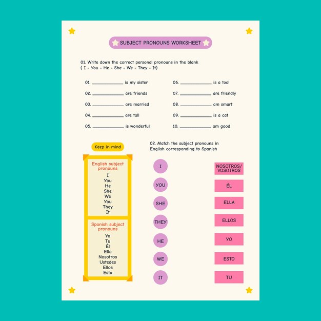 Hand drawn pronouns worksheet illustration