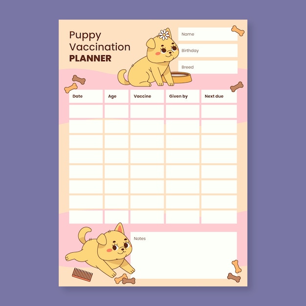 Free vector hand drawn puppy vaccination schedule template