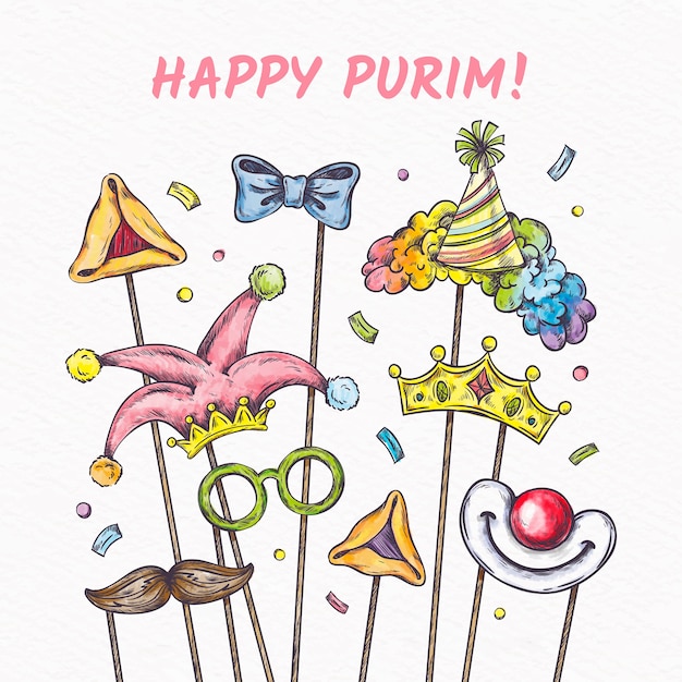 Hand drawn purim day with masks on sticks