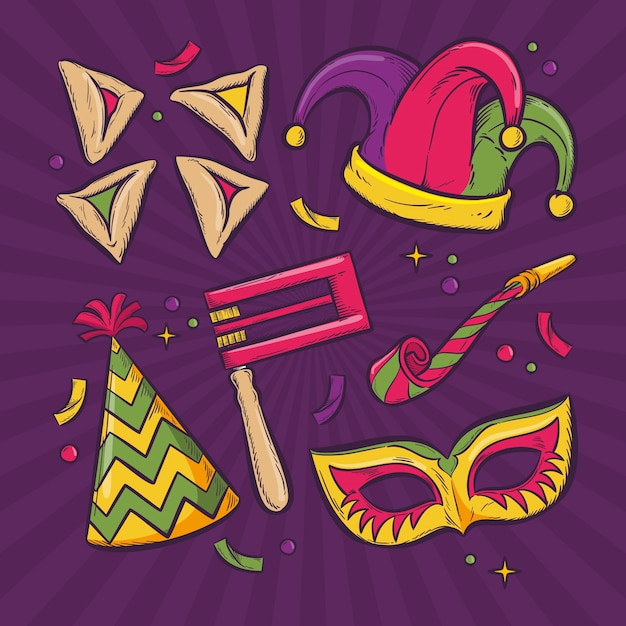 Free vector hand drawn purim elements collection