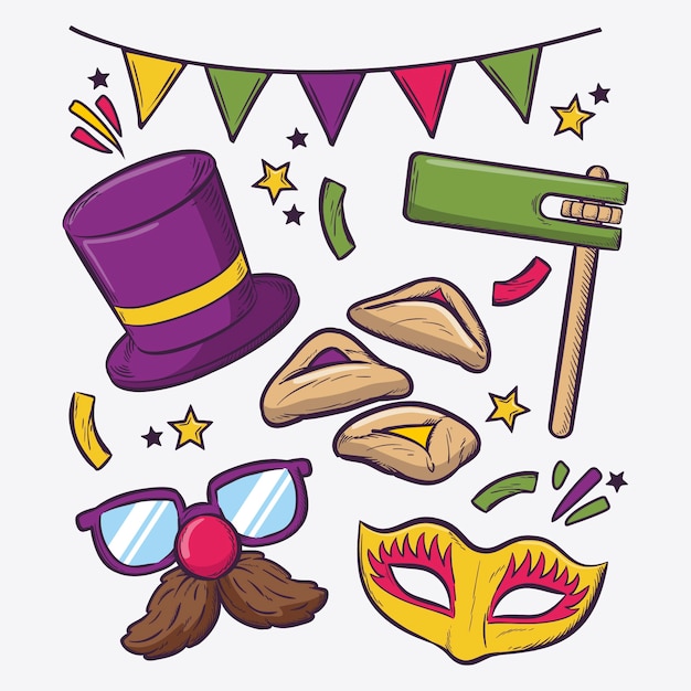 Free vector hand drawn purim elements collection