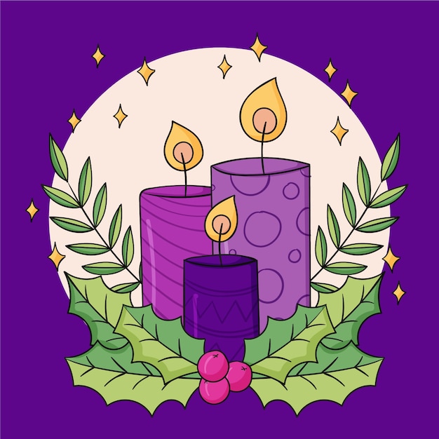 Vettore gratuito illustrazione disegnata a mano delle candele dell'avvento viola