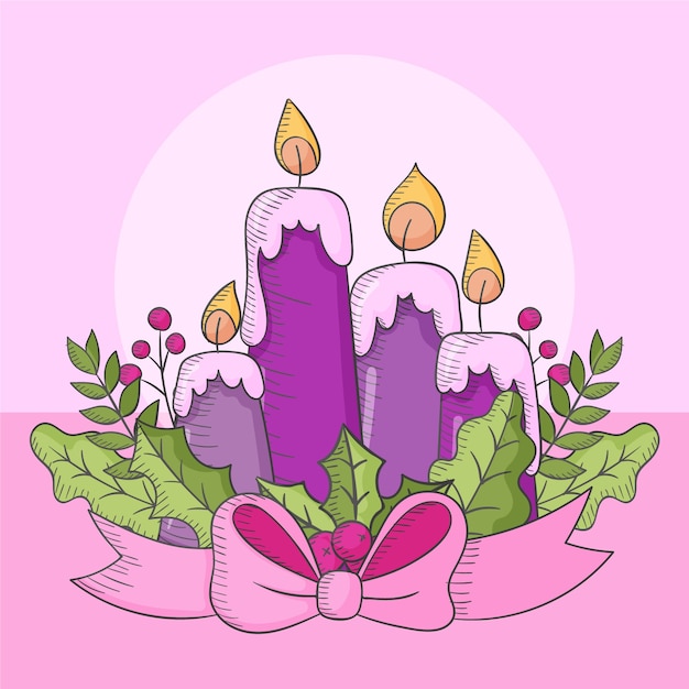 Vettore gratuito illustrazione disegnata a mano delle candele dell'avvento viola