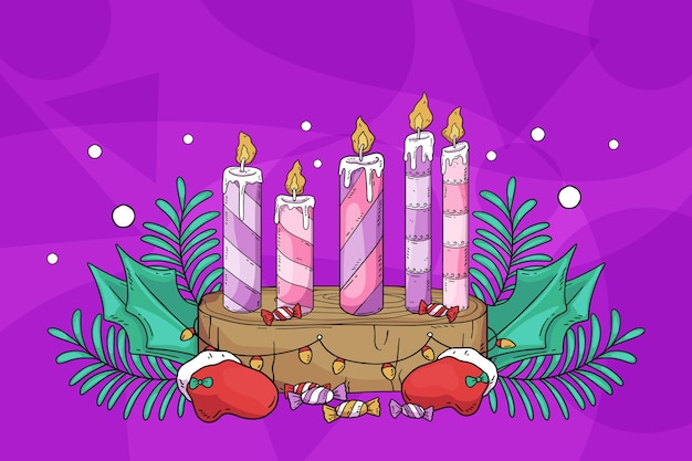 Free vector hand drawn purple candles advent background