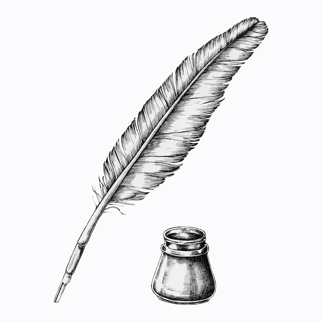 Hand drawn quill pen with an inkwell 