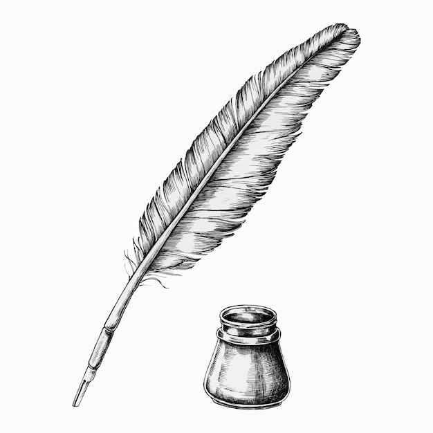 インク壺と手描きの羽ペン