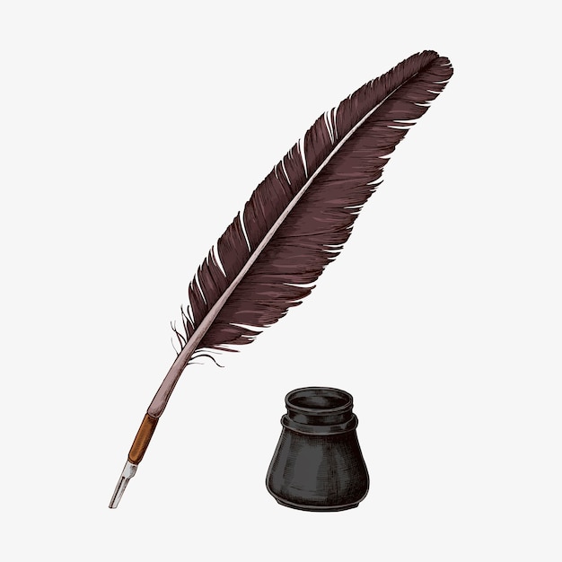 Hand drawn quill pen with an inkwell